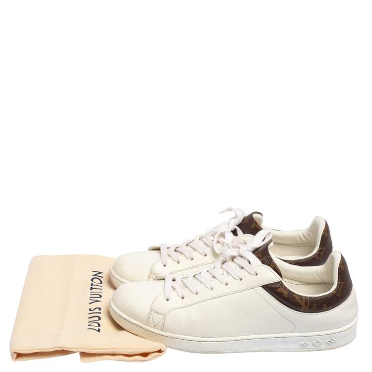 Pre Owned Louis Vuitton White Leather And Monogram Canvas Luxembourg Low Top Sneakers Size 41.5