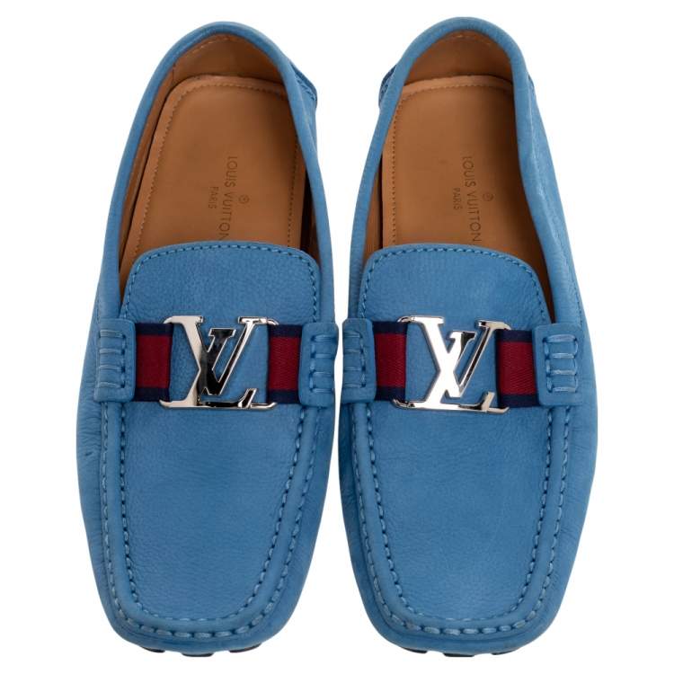 Pre Owned Louis Vuitton Blue Leather Monte Carlo Slip On Loafers Size 42