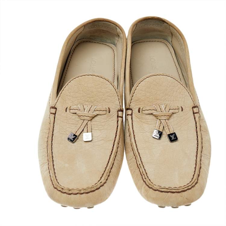 Pre Owned Louis Vuitton Light Yellow Leather Bow Slip On Loafers Size 42.5
