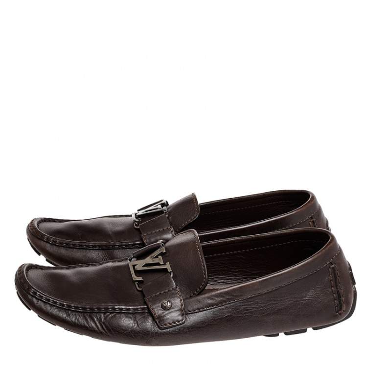 Pre Owned Louis Vuitton Dark Brown Leather Monte Carlo Slip On Loafers Size 44.5