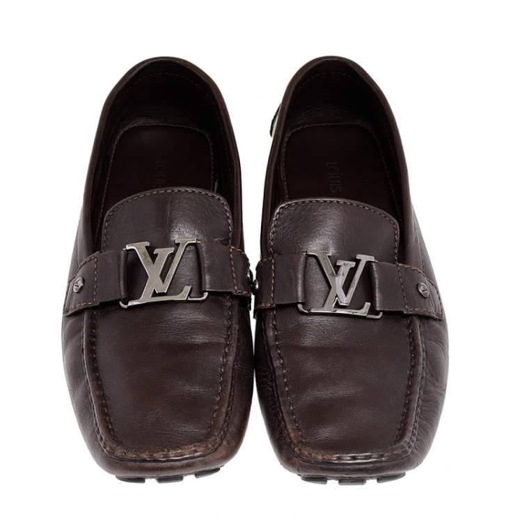 Pre Owned Louis Vuitton Dark Brown Leather Monte Carlo Slip On Loafers Size 44.5