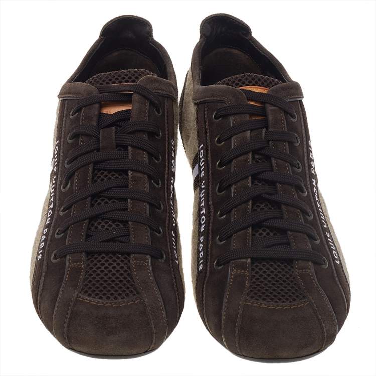 Pre Owned Louis Vuitton Brown/Beige Fabric, Leather, Mesh, and Suede Cosmos Low Top Sneakers Size 40