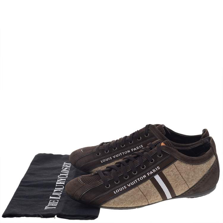 Pre Owned Louis Vuitton Brown/Beige Fabric, Leather, Mesh, and Suede Cosmos Low Top Sneakers Size 40