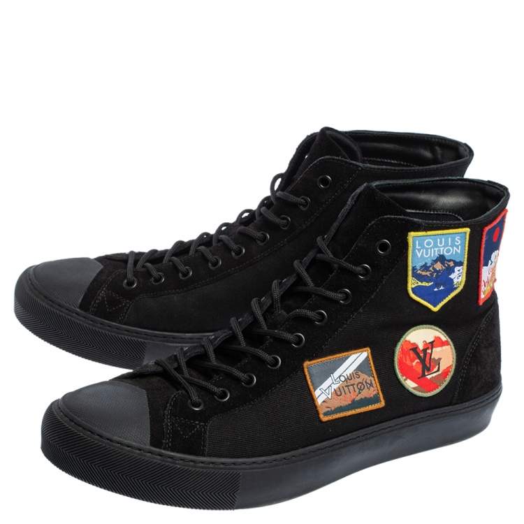 Pre Owned Louis Vuitton Black Suede and Canvas Tattoo Sneaker Boots Size 43