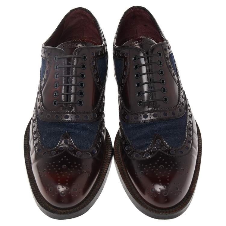 Pre Owned Louis Vuitton Burgundy Leather And Demin Lace Up Oxford Size 42.5