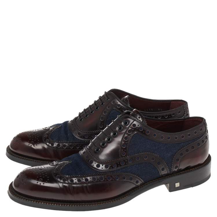 Pre Owned Louis Vuitton Burgundy Leather And Demin Lace Up Oxford Size 42.5