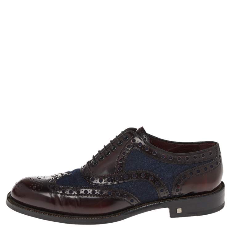 Pre Owned Louis Vuitton Burgundy Leather And Demin Lace Up Oxford Size 42.5
