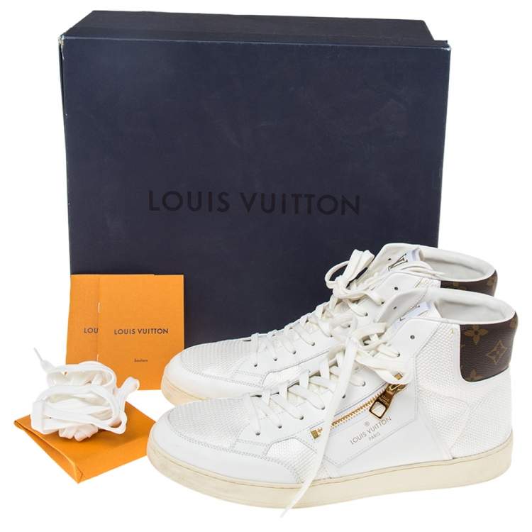 Pre Owned Louis Vuitton White Leather, Fabric and Monogram Canvas Rivoli Sneakers Size 42.5