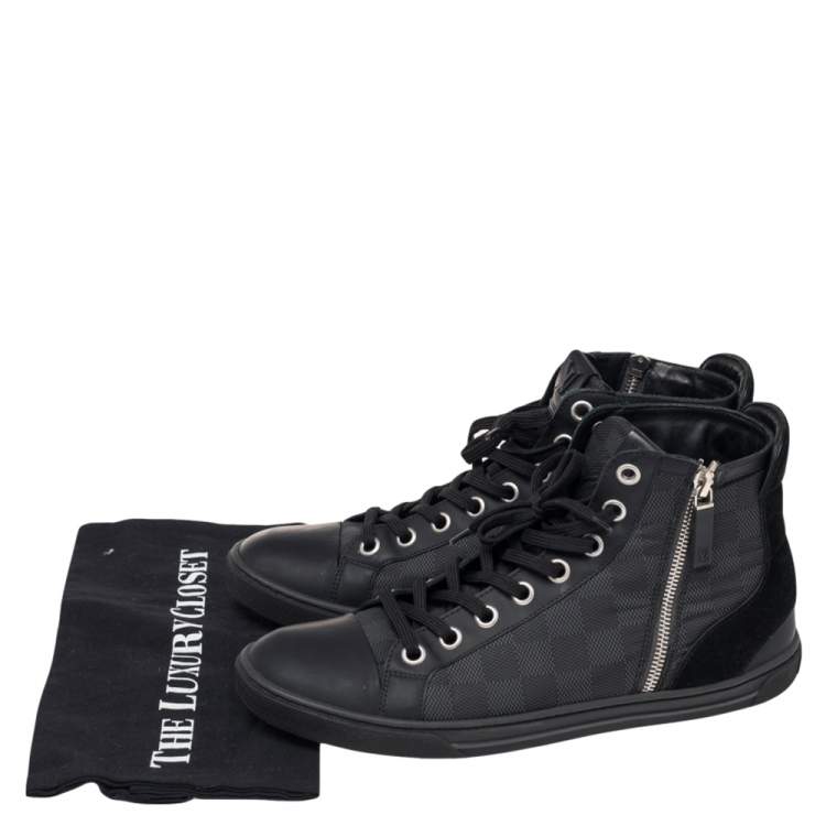 Pre Owned Louis Vuitton Black Damier Graphite And Suede Trim Zip Up High Top Sneakers 40.5 