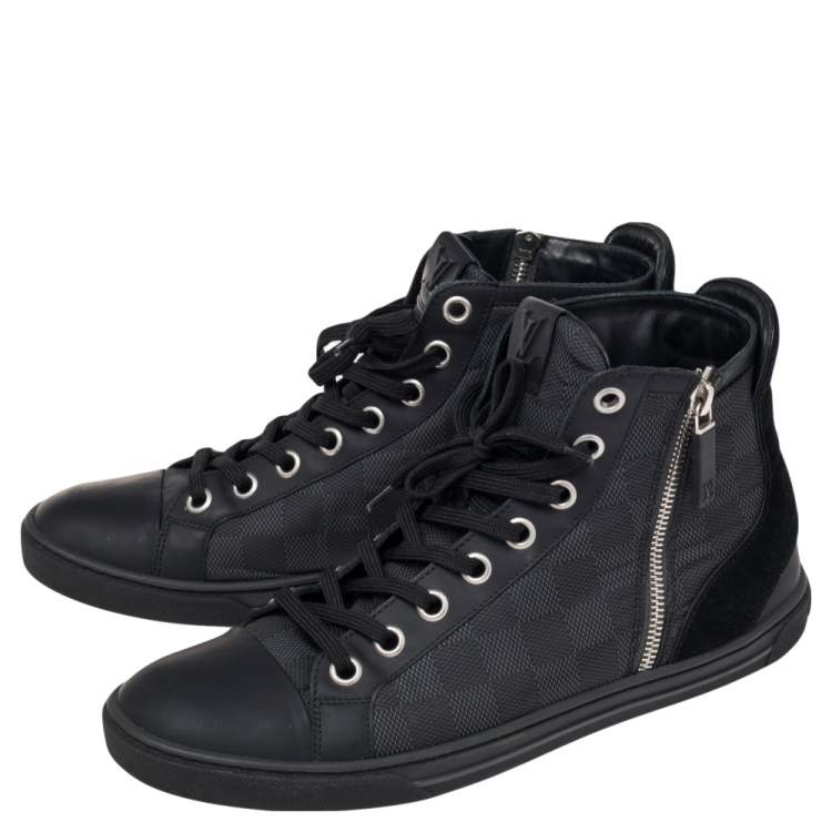 Pre Owned Louis Vuitton Black Damier Graphite And Suede Trim Zip Up High Top Sneakers 40.5 