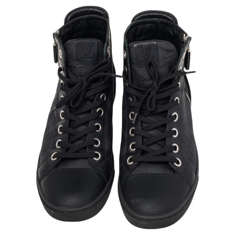 Pre Owned Louis Vuitton Black Damier Graphite And Suede Trim Zip Up High Top Sneakers 40.5 