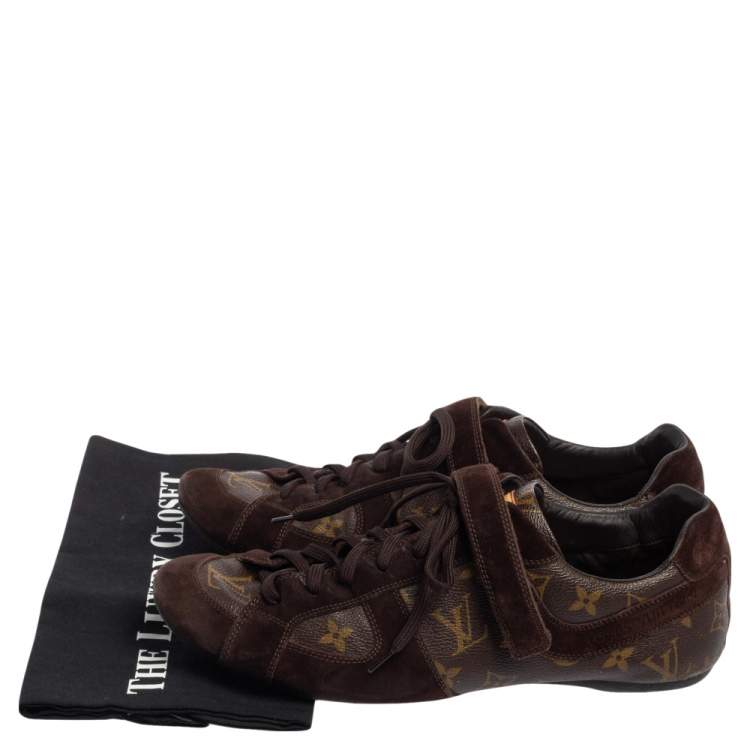 Pre Owned Louis Vuitton Brown Monogram Canvas And Suede Speeding Velcro Sneakers Size 43.5