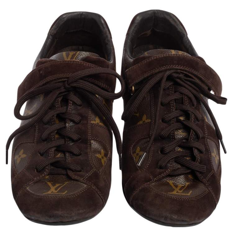 Pre Owned Louis Vuitton Brown Monogram Canvas And Suede Speeding Velcro Sneakers Size 43.5