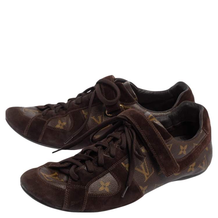 Pre Owned Louis Vuitton Brown Monogram Canvas And Suede Speeding Velcro Sneakers Size 43.5