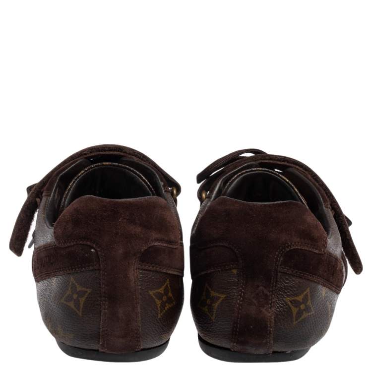 Pre Owned Louis Vuitton Brown Monogram Canvas And Suede Speeding Velcro Sneakers Size 43.5
