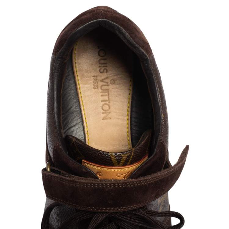 Pre Owned Louis Vuitton Brown Monogram Canvas And Suede Speeding Velcro Sneakers Size 43.5