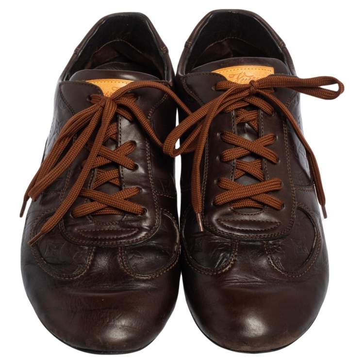 Pre Owned Louis Vuitton Brown Monogram Embossed Leather Lace Up Sneakers Size 43.5 
