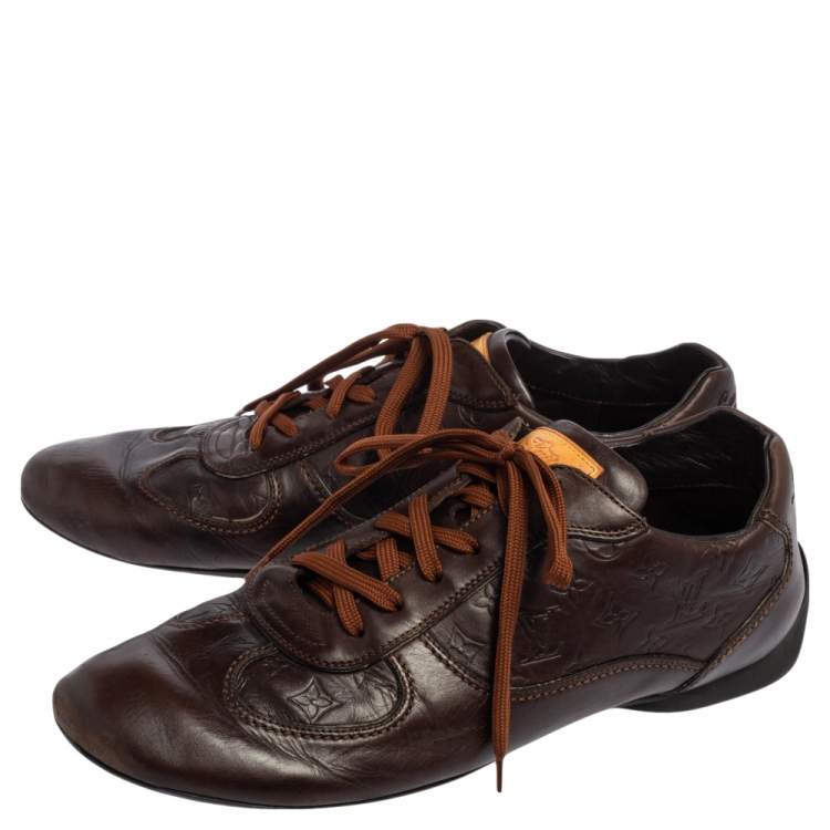 Pre Owned Louis Vuitton Brown Monogram Embossed Leather Lace Up Sneakers Size 43.5 