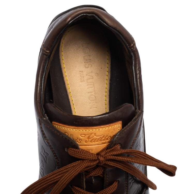 Pre Owned Louis Vuitton Brown Monogram Embossed Leather Lace Up Sneakers Size 43.5 