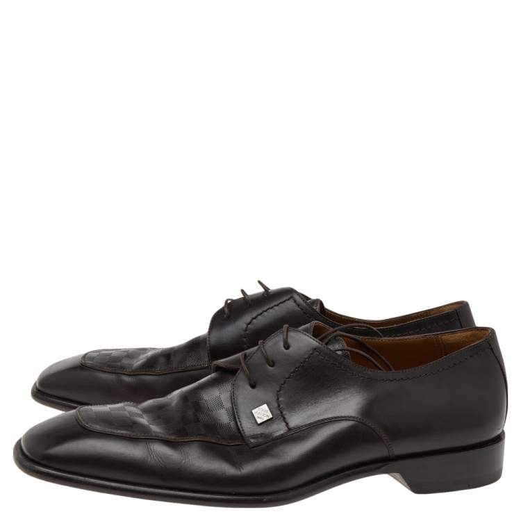 Pre Owned Louis Vuitton Dark Brown Leather Damier Embossed Lace Up Derby Size 42.5