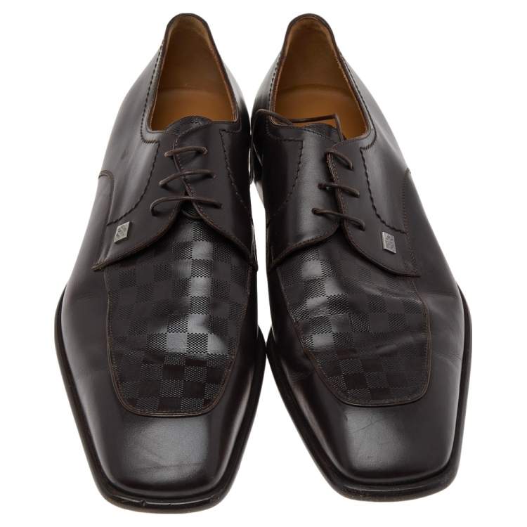 Pre Owned Louis Vuitton Dark Brown Leather Damier Embossed Lace Up Derby Size 42.5