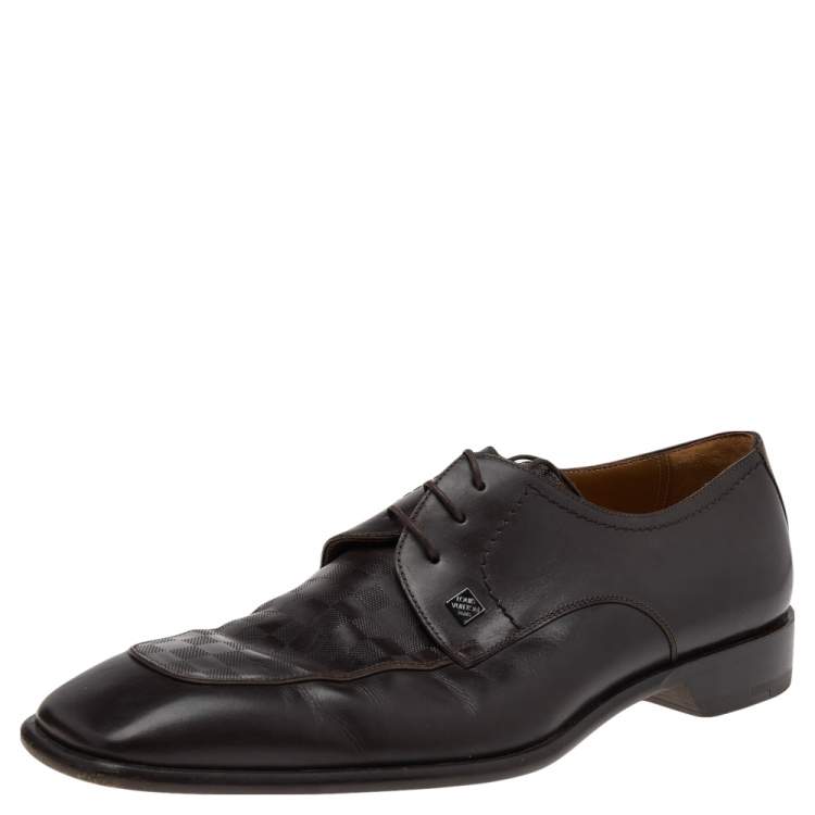 Pre Owned Louis Vuitton Dark Brown Leather Damier Embossed Lace Up Derby Size 42.5