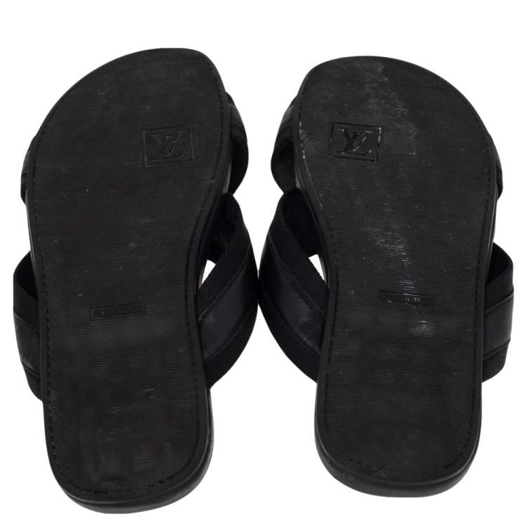Pre Owned Louis Vuitton Black Canvas and Leather Cross Strap Logo Slides Size 44