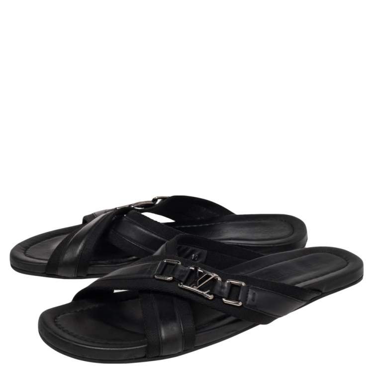 Pre Owned Louis Vuitton Black Canvas and Leather Cross Strap Logo Slides Size 44