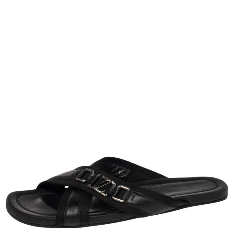 Pre Owned Louis Vuitton Black Canvas and Leather Cross Strap Logo Slides Size 44