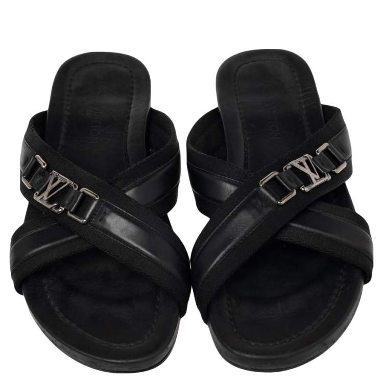 Pre Owned Louis Vuitton Black Canvas and Leather Cross Strap Logo Slides Size 44