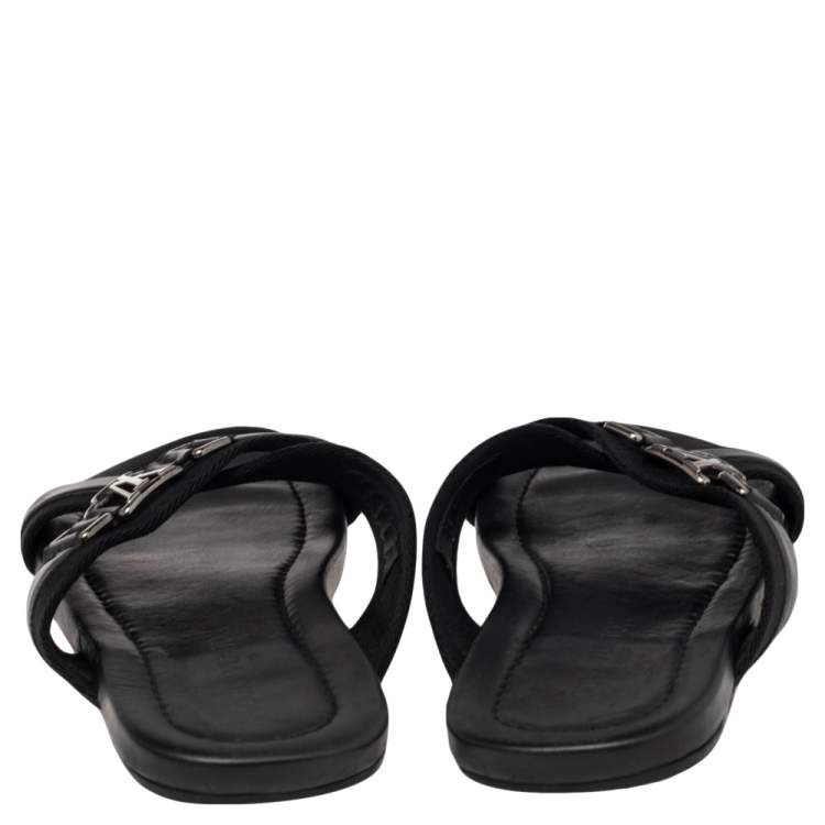 Pre Owned Louis Vuitton Black Canvas and Leather Cross Strap Logo Slides Size 44