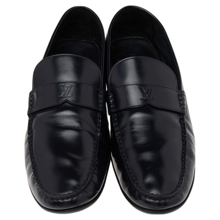 Pre Owned Louis Vuitton Black Leather Slip on Loafers Size 44.5