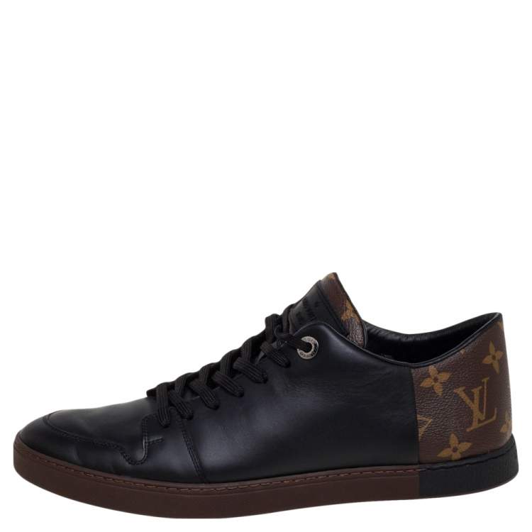 Pre Owned Louis Vuitton Black Leather And Monogram Canvas Line Up Low Top Sneakers Size 41