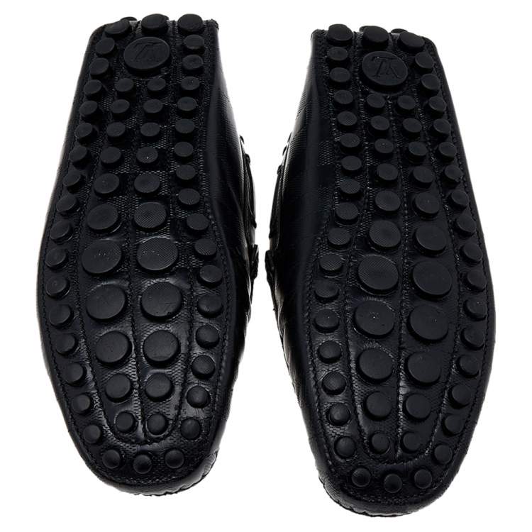 Pre Owned Louis Vuitton Black Damier Embossed Leather Logo Bow Slip On Loafers Size 42 