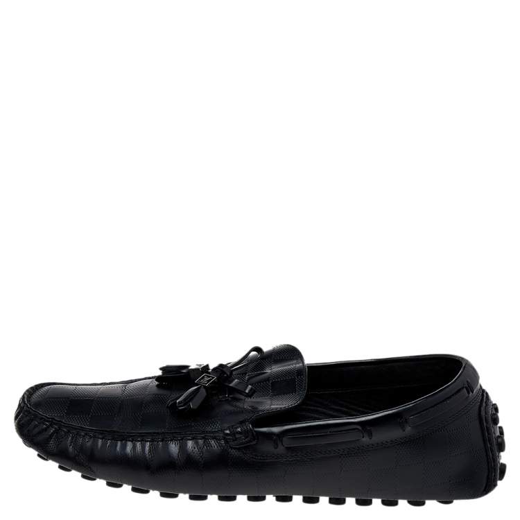 Pre Owned Louis Vuitton Black Damier Embossed Leather Logo Bow Slip On Loafers Size 42 