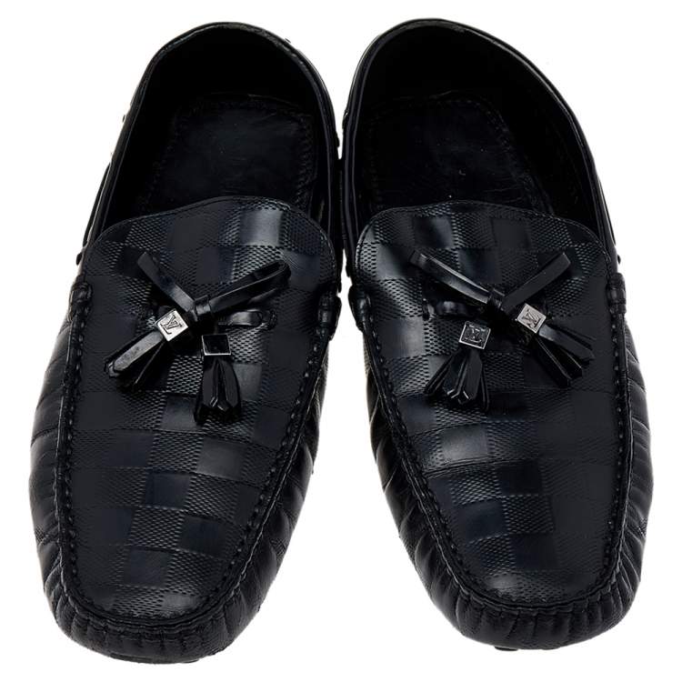 Pre Owned Louis Vuitton Black Damier Embossed Leather Logo Bow Slip On Loafers Size 42 