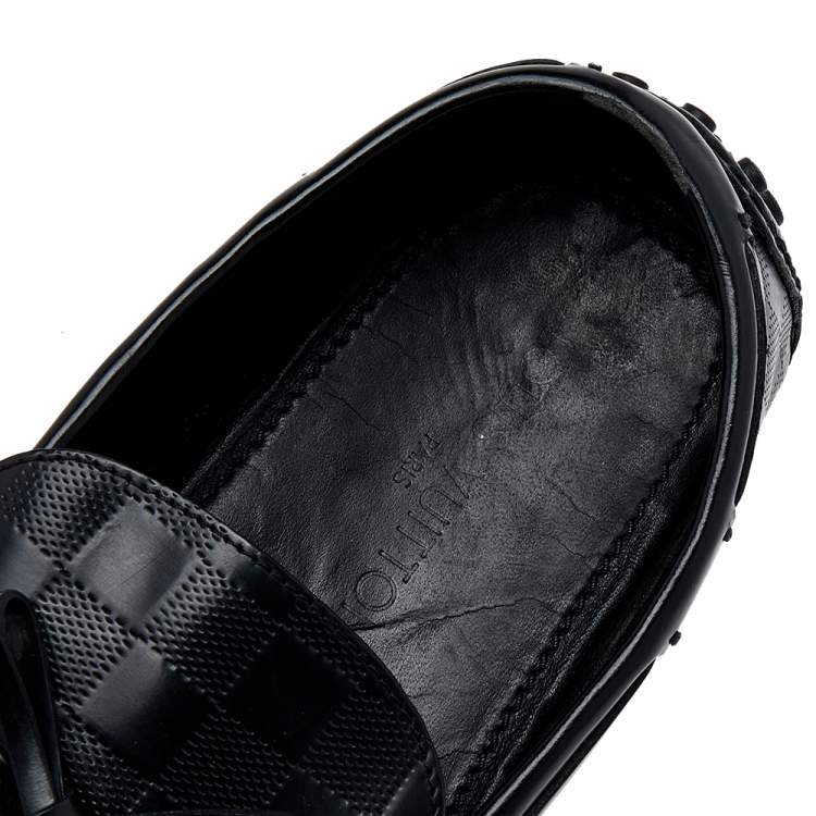 Pre Owned Louis Vuitton Black Damier Embossed Leather Logo Bow Slip On Loafers Size 42 