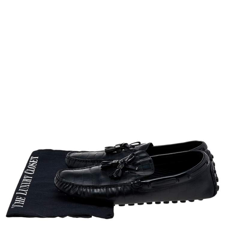 Pre Owned Louis Vuitton Black Damier Embossed Leather Logo Bow Slip On Loafers Size 42 