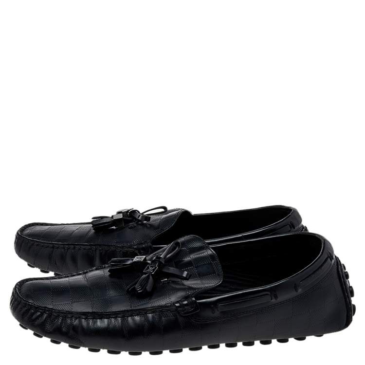 Pre Owned Louis Vuitton Black Damier Embossed Leather Logo Bow Slip On Loafers Size 42 
