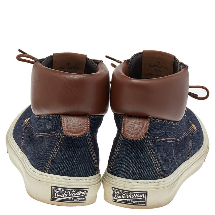 Pre Owned Louis Vuitton Blue/Brown Denim & Leather High Top Sneakers Size 41