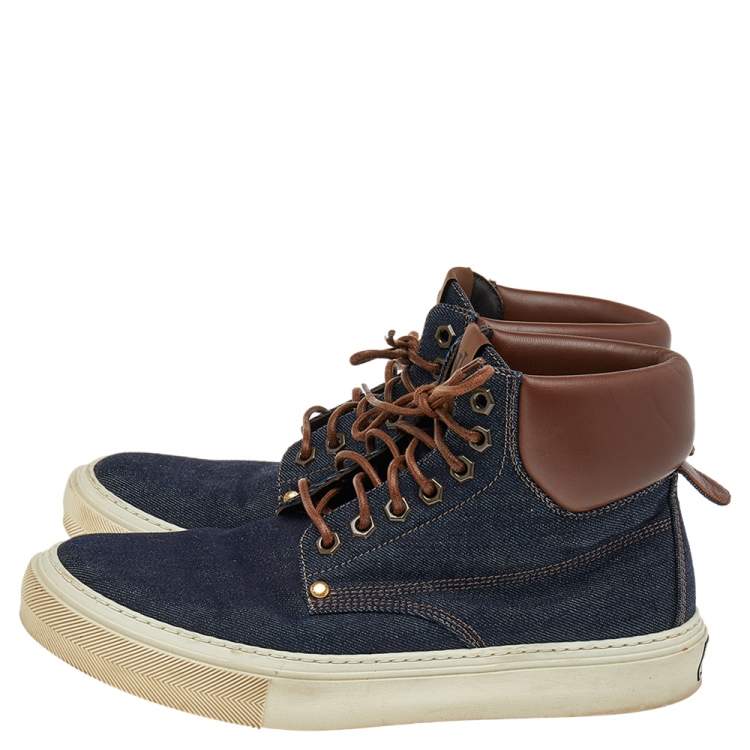 Pre Owned Louis Vuitton Blue/Brown Denim & Leather High Top Sneakers Size 41