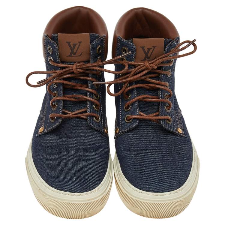 Pre Owned Louis Vuitton Blue/Brown Denim & Leather High Top Sneakers Size 41