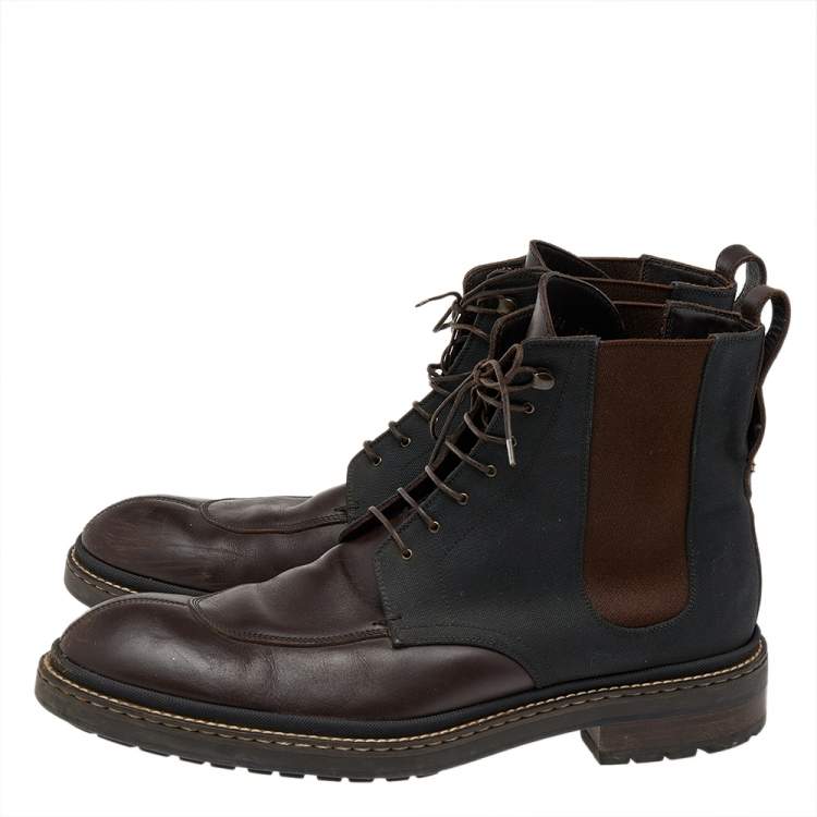 Pre Owned Louis Vuitton Brown/Black Leather And Canvas Lace Up Ankle Boots Size 41.5
