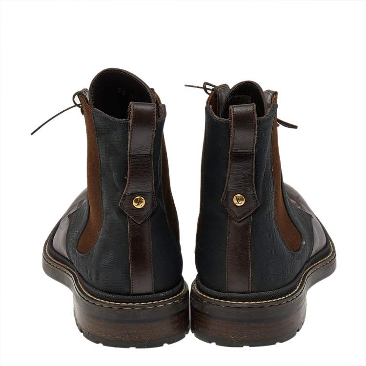 Pre Owned Louis Vuitton Brown/Black Leather And Canvas Lace Up Ankle Boots Size 41.5