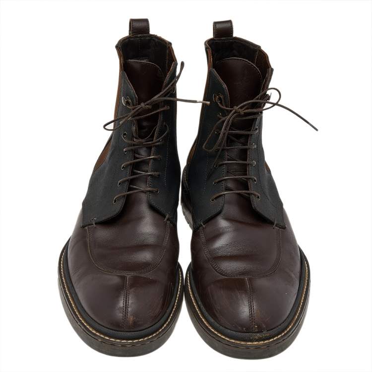Pre Owned Louis Vuitton Brown/Black Leather And Canvas Lace Up Ankle Boots Size 41.5