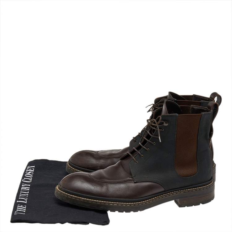 Pre Owned Louis Vuitton Brown/Black Leather And Canvas Lace Up Ankle Boots Size 41.5