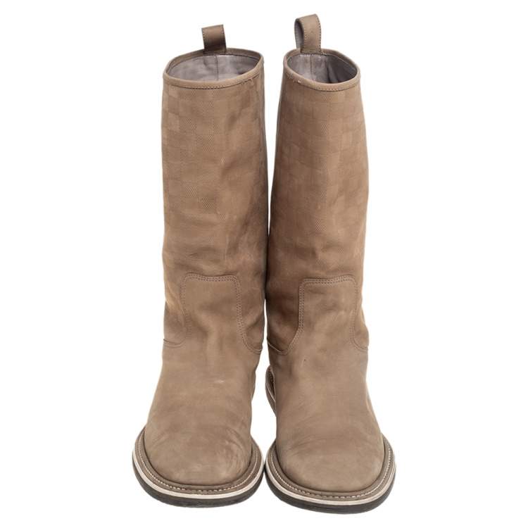 Pre Owned Louis Vuitton Beige Damier Suede Mid Calf Boots Size 42.5