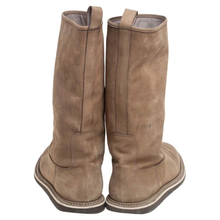 Pre Owned Louis Vuitton Beige Damier Suede Mid Calf Boots Size 42.5