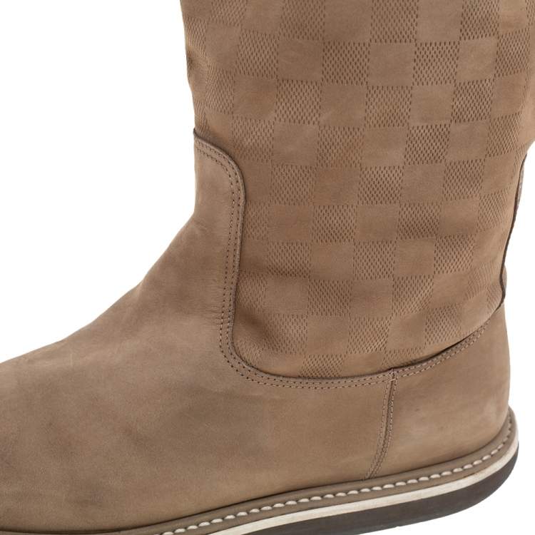 Pre Owned Louis Vuitton Beige Damier Suede Mid Calf Boots Size 42.5
