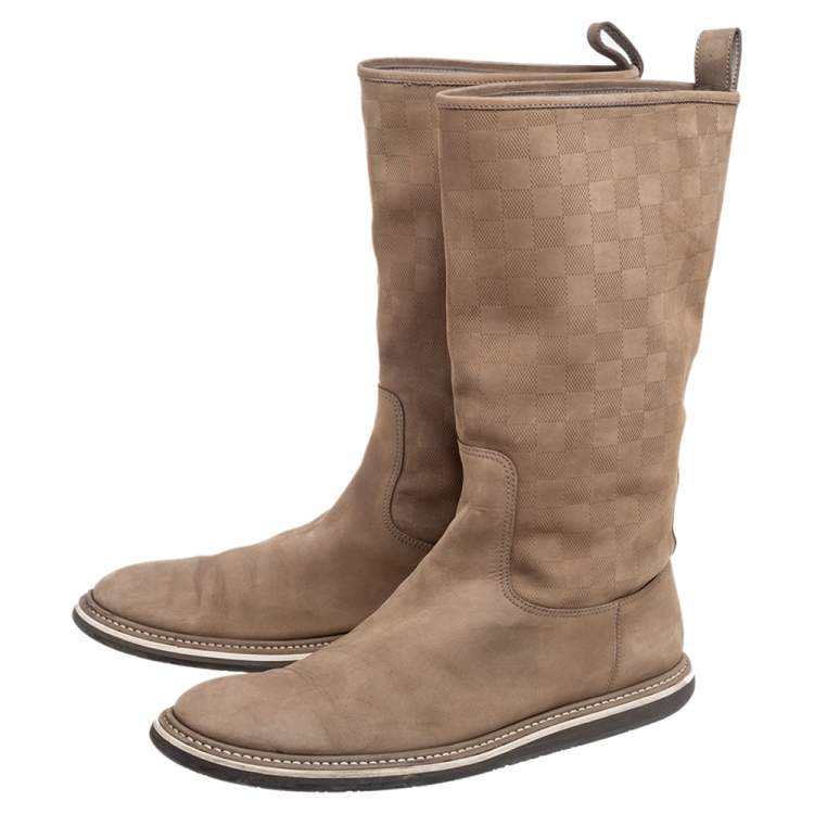 Pre Owned Louis Vuitton Beige Damier Suede Mid Calf Boots Size 42.5